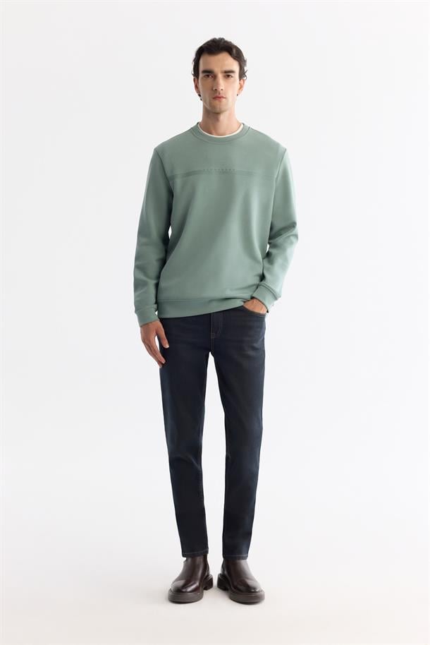 Mint Yeşil Bisiklet Yaka Pamuklu Baskılı Elastan Sweatshirt
