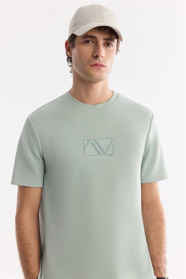Mint Yeşil Bisiklet Yaka Baskılı İnterlok T-Shirt