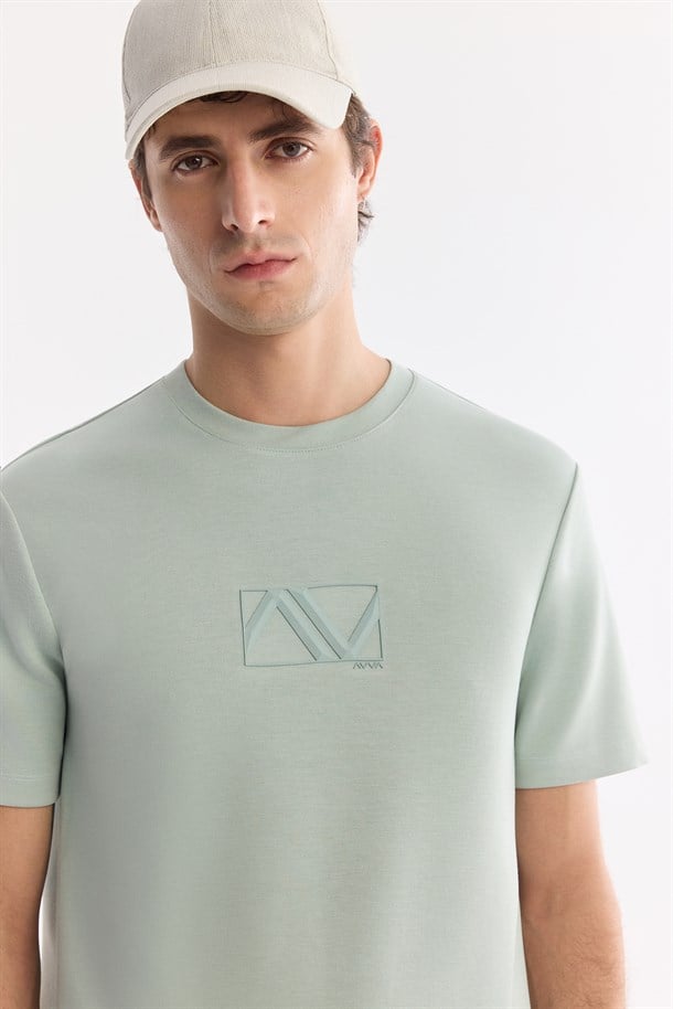 Mint Yeşil Bisiklet Yaka Baskılı İnterlok T-Shirt
