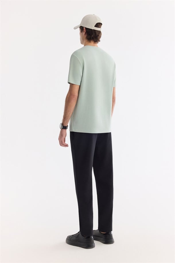 Mint Yeşil Bisiklet Yaka Baskılı İnterlok T-Shirt