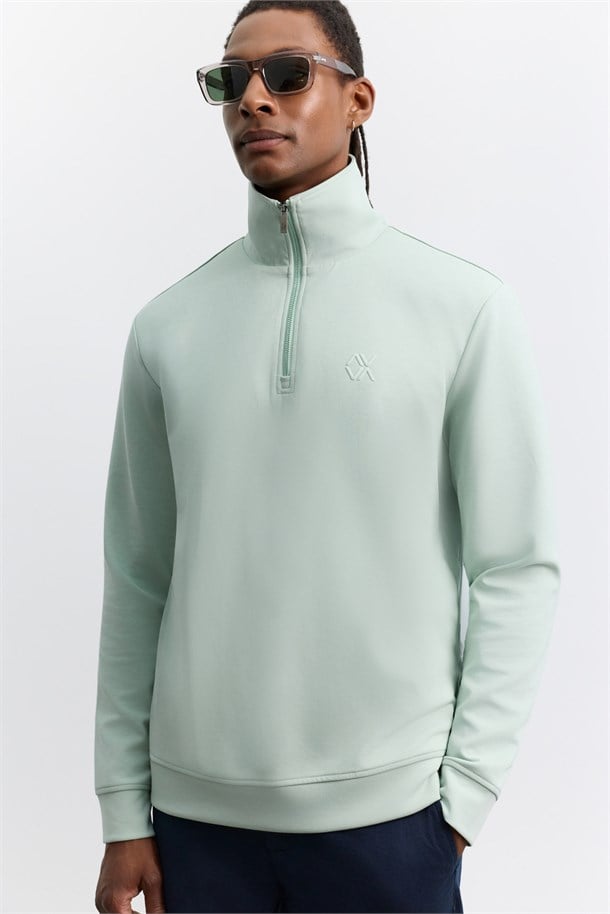 Mint Yeşil Dik Yaka Fermuarlı Baskılı Kolay Ütülenen İnterlok Sweatshirt