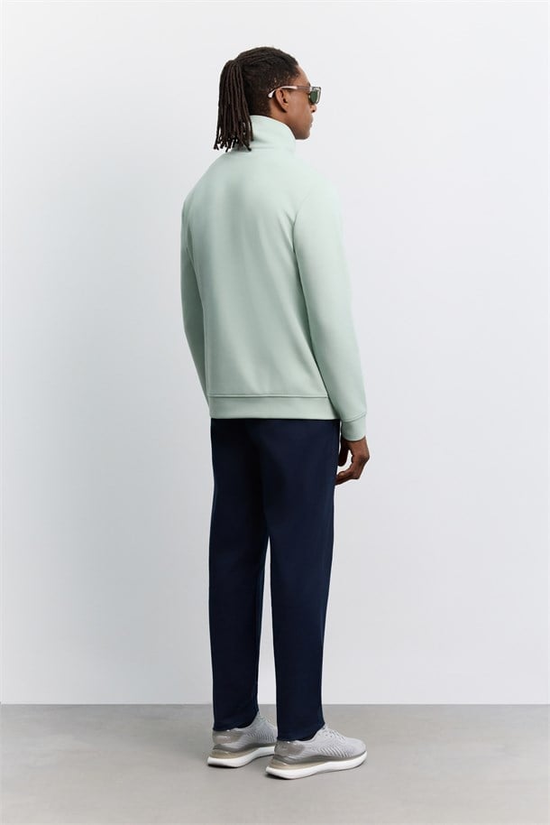 Mint Yeşil Dik Yaka Fermuarlı Baskılı Kolay Ütülenen İnterlok Sweatshirt