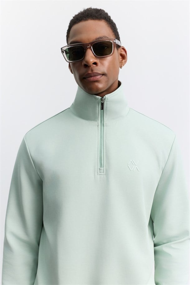 Mint Yeşil Dik Yaka Fermuarlı Baskılı Kolay Ütülenen İnterlok Sweatshirt