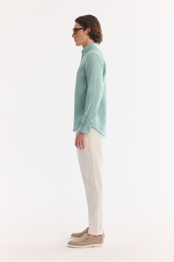 Mint Yeşil Düğmeli Yaka %100 Keten Gömlek