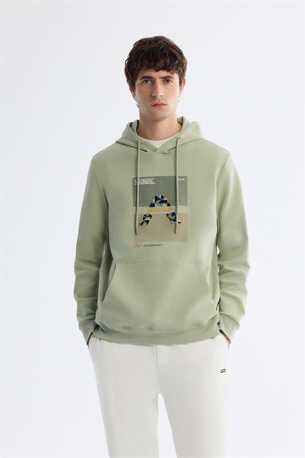 Mint Yeşil Kapüşonlu Pamuklu Baskılı Elastan Sweatshirt