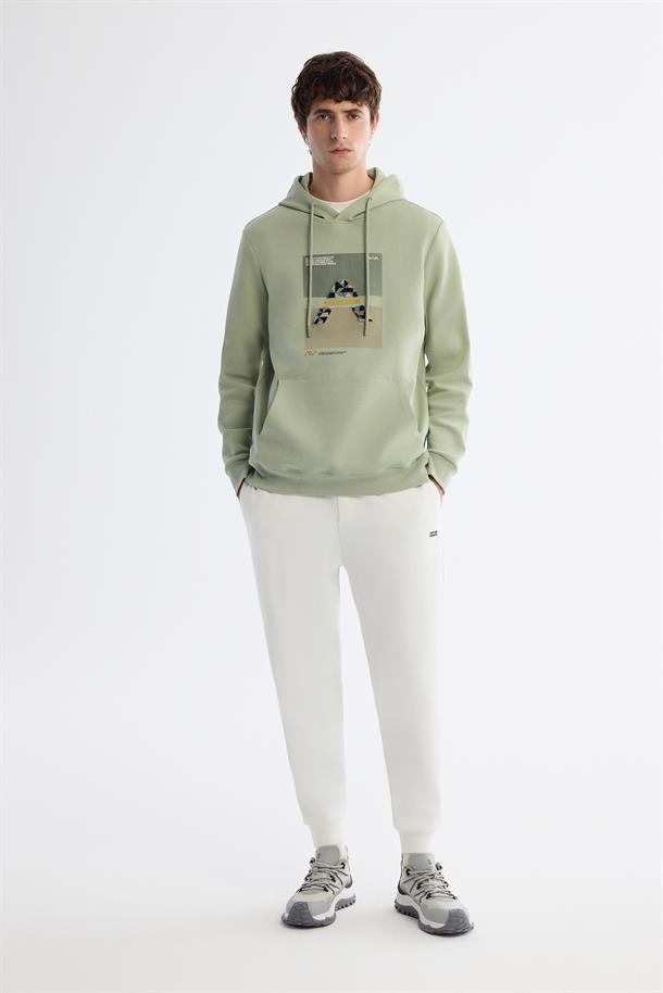 Mint Yeşil Kapüşonlu Pamuklu Baskılı Elastan Sweatshirt