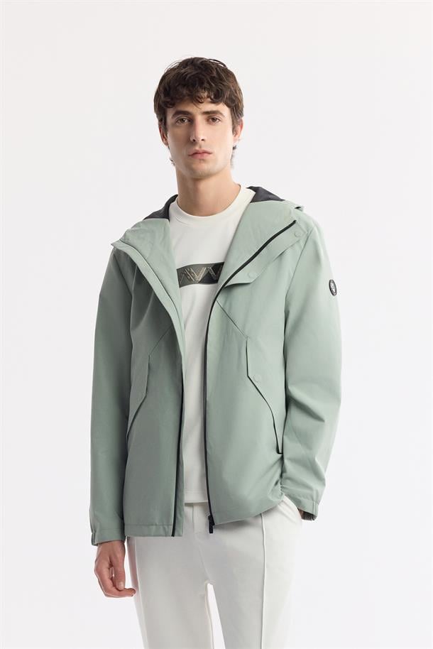 Mint Yeşil Kapüşonlu Yaka Su İtici Rüzgar Geçirmez İnce Mont