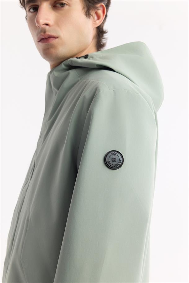 Mint Yeşil Kapüşonlu Yaka Su İtici Rüzgar Geçirmez İnce Mont