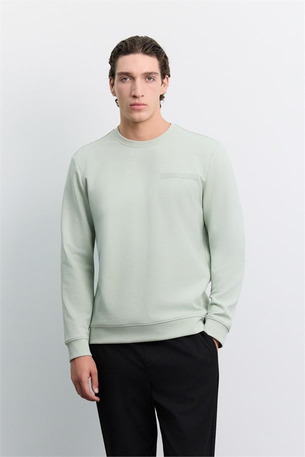 Mint Yeşili Bisiklet Yaka Kolay Ütülenen Baskılı Pamuklu Sweatshirt