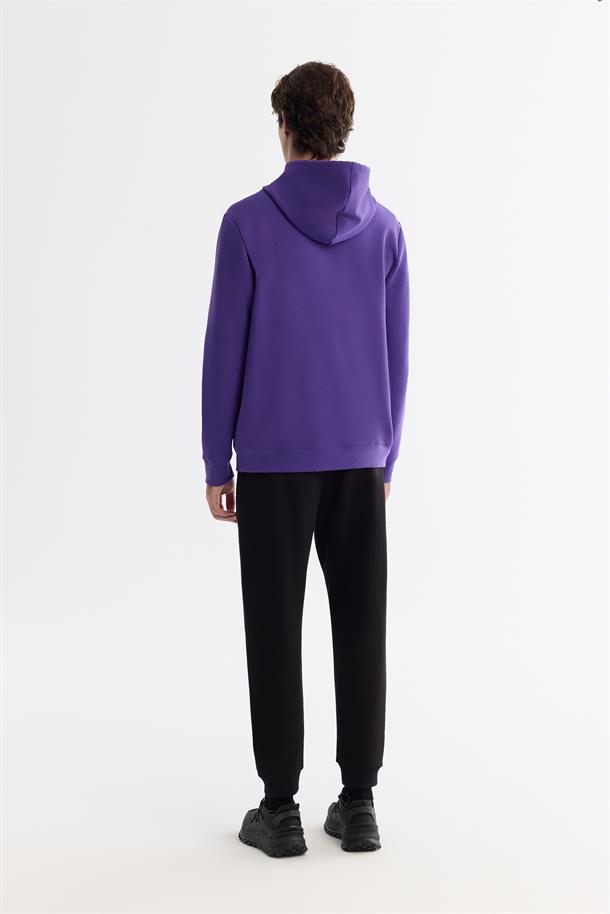 Mor Kapüşonlu Pamuklu Baskılı Elastan Sweatshirt