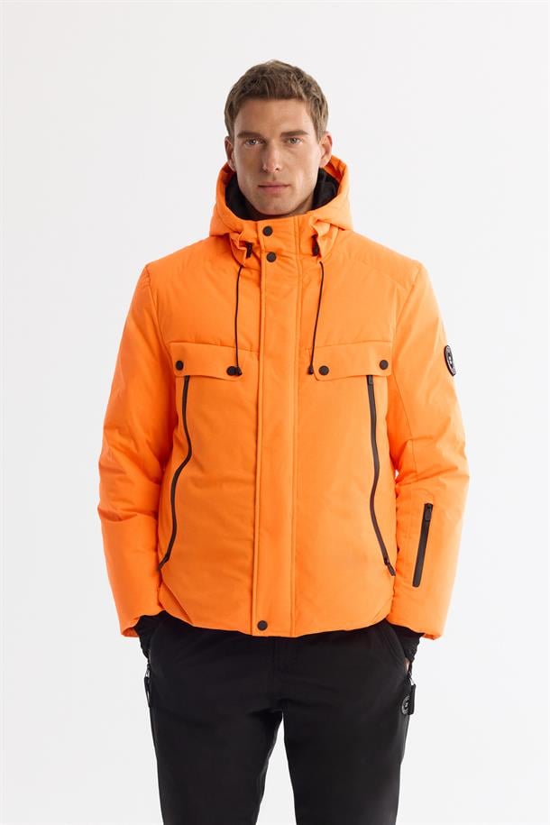 Neon Orange Hooded Goose Down Jacket