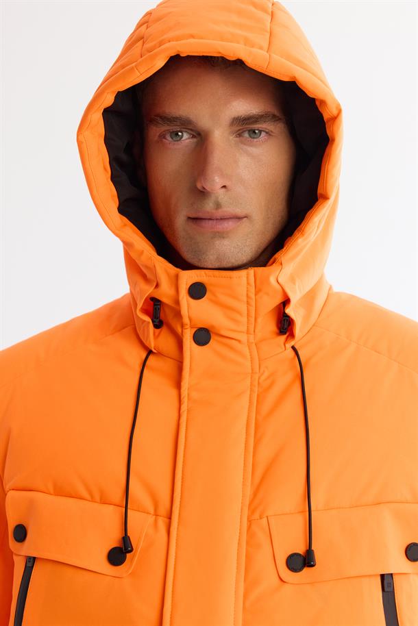 Neon Orange Hooded Goose Down Jacket