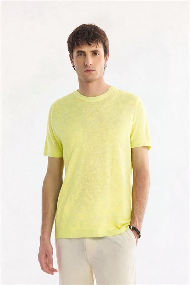 Neon Yeşil Bisiklet Yaka Triko T-Shirt 