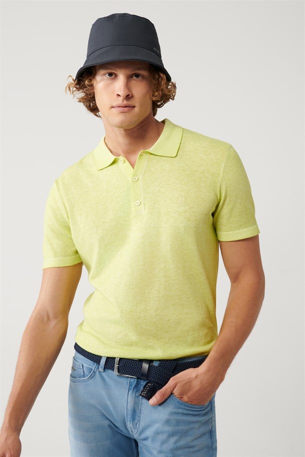 Neon Yeşil 3 Düğmeli Polo Yaka Triko T-Shirt