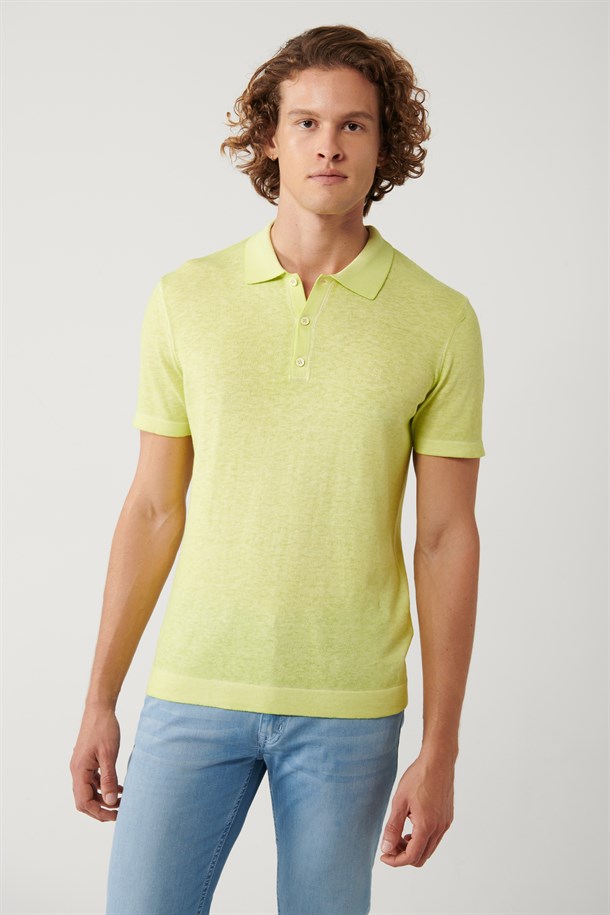 Neon Yeşil 3 Düğmeli Polo Yaka Triko T-Shirt