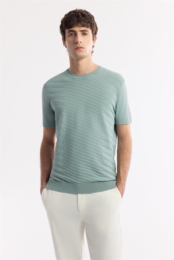 Nil Yeşili Bisiklet Yaka Rayon Triko T-Shirt