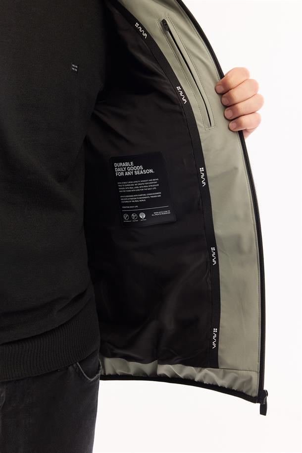 Nil Yeşili Kapüşonlu Su İtici Rüzgar Geçirmez -5 Dereceye Dayanıklı Şişme Mont