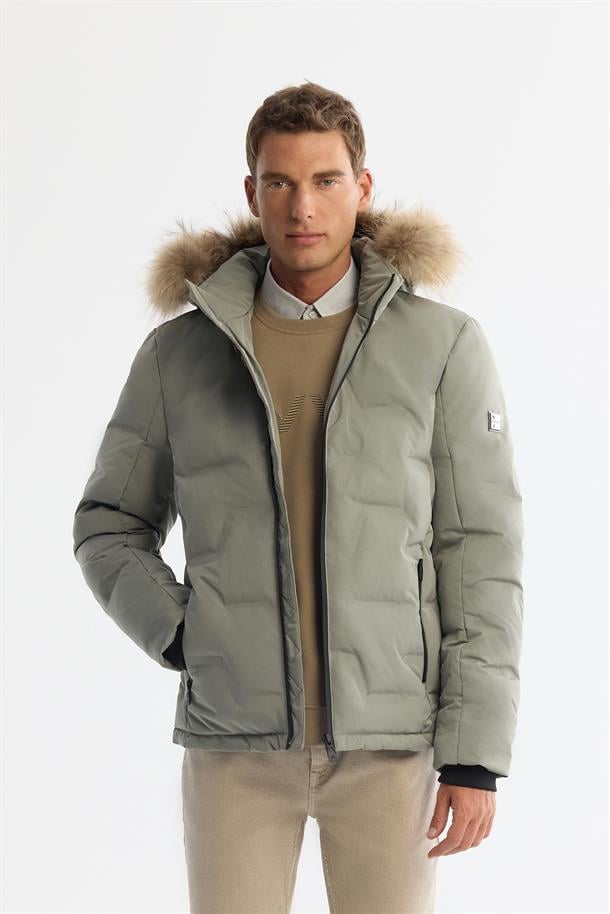 Pale Turquoise Hooded Goose Down Puffer Jacket