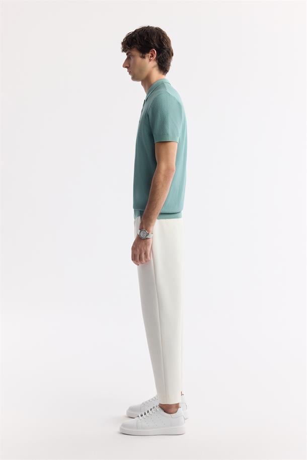 Nil Yeşili Polo Yaka Viskon Karışımlı Basic Triko T-Shirt