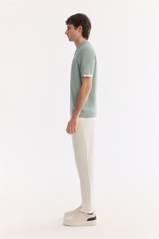 Nil Yeşili Polo Yaka Fermuarlı Rayon Karışımlı Triko T-Shirt