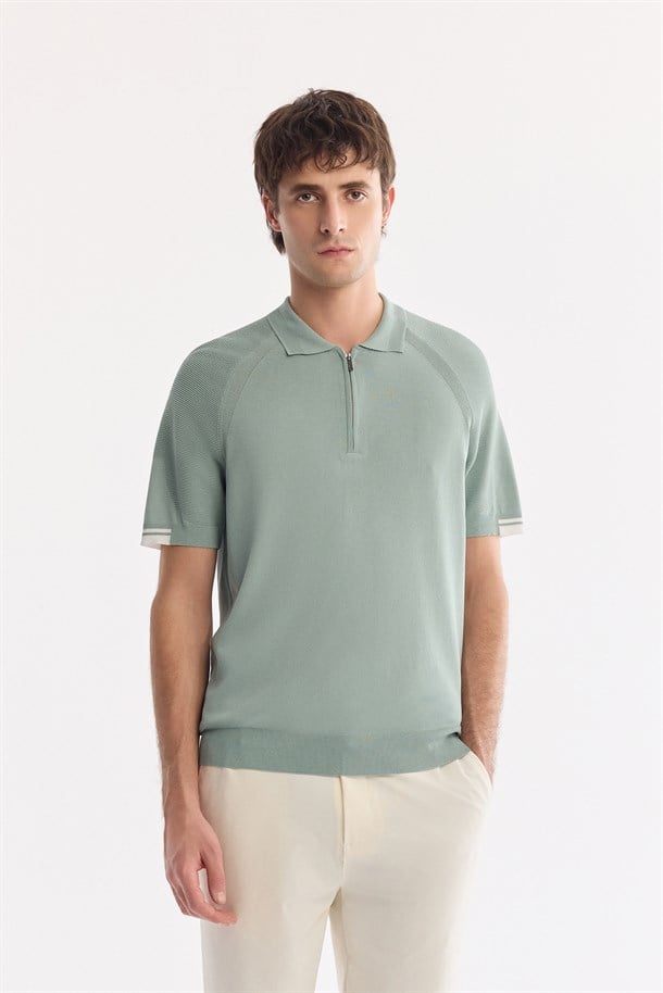 Nil Yeşili Polo Yaka Fermuarlı Rayon Karışımlı Triko T-Shirt