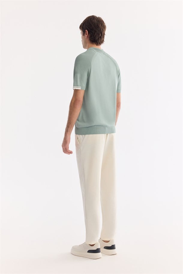Nil Yeşili Polo Yaka Fermuarlı Rayon Karışımlı Triko T-Shirt