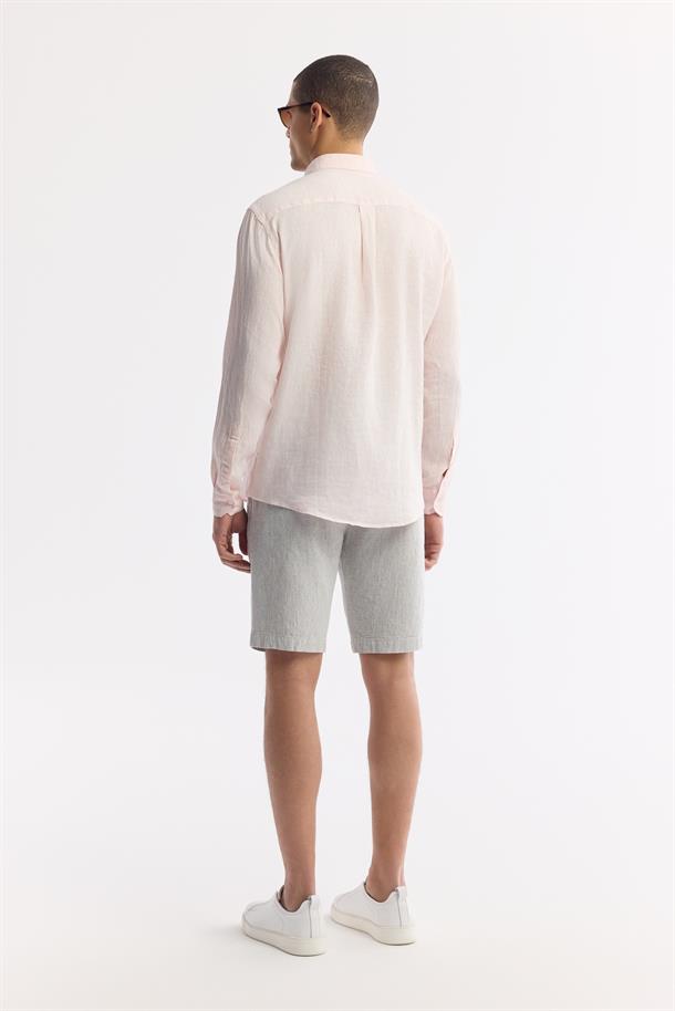 Pembe Düğmeli Yaka %100 Keten Gömlek