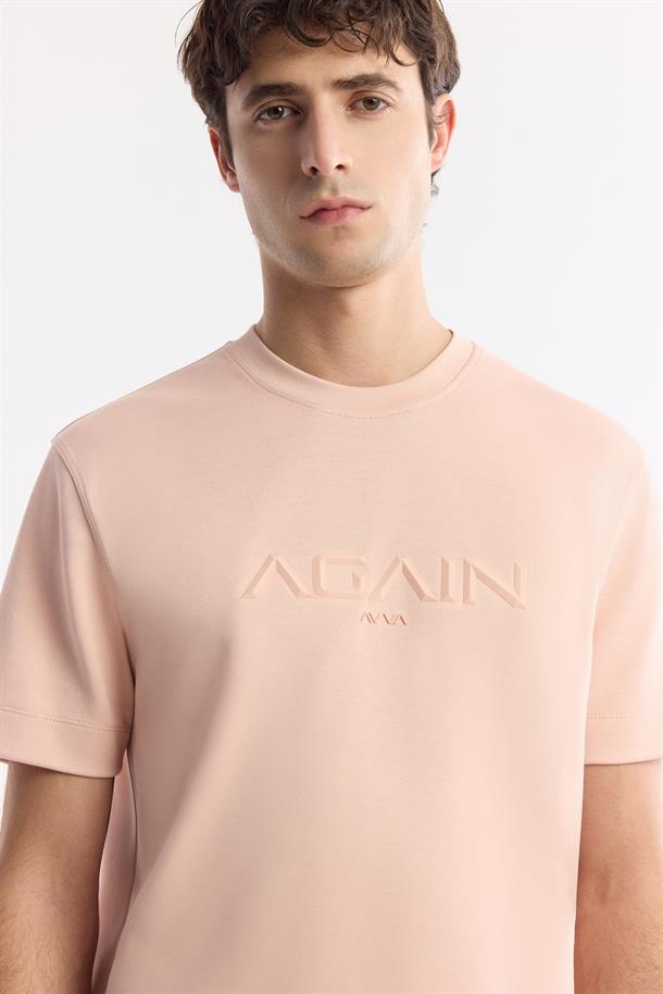 Pembe Bisiklet Yaka Baskılı Bi-Stretch İnterlok T-Shirt