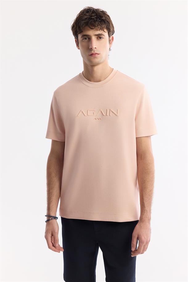 Pembe Bisiklet Yaka Baskılı Bi-Stretch İnterlok T-Shirt