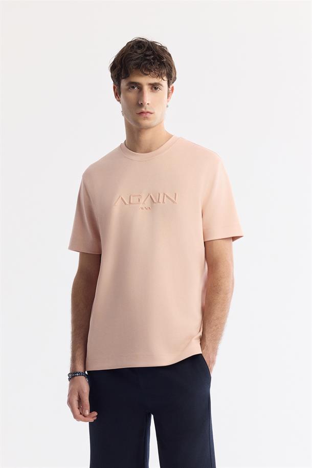 Pembe Bisiklet Yaka Baskılı Bi-Stretch İnterlok T-Shirt