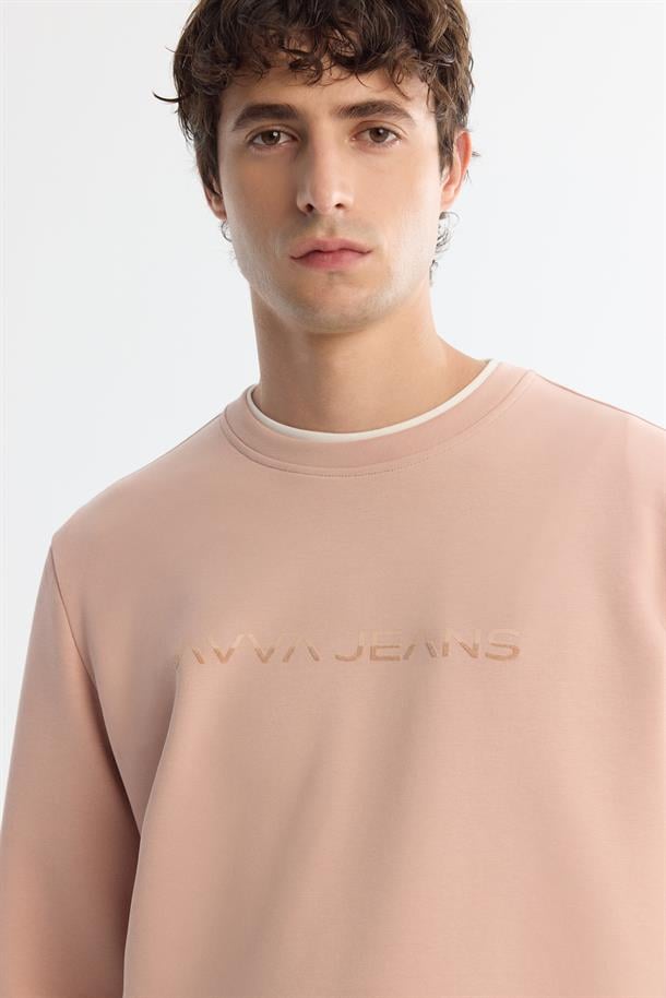 Pembe Bisiklet Yaka Pamuklu Baskılı Elastan Sweatshirt
