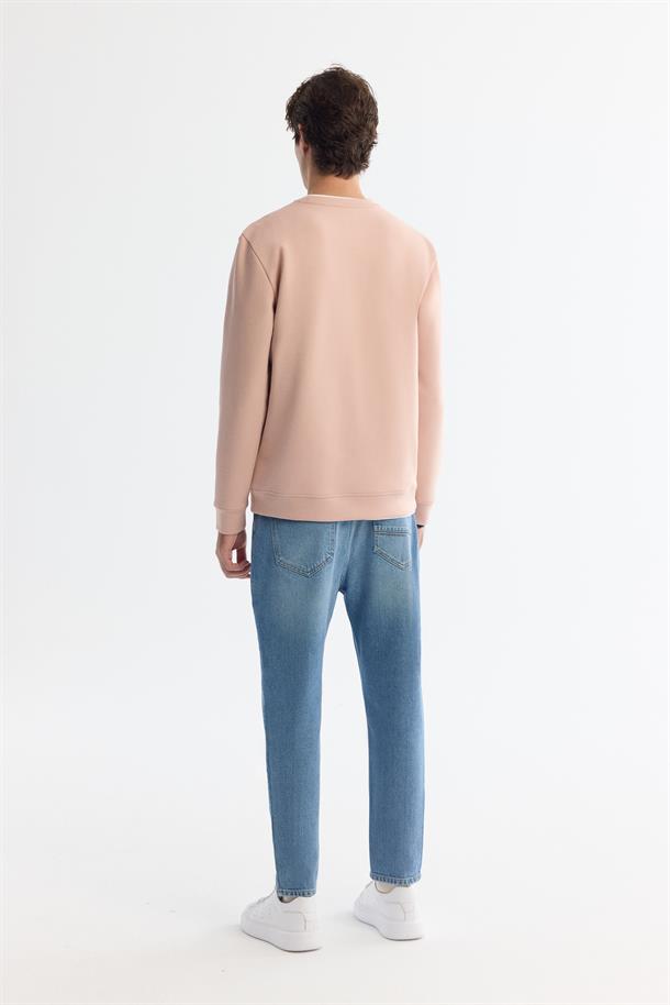 Pembe Bisiklet Yaka Pamuklu Baskılı Elastan Sweatshirt