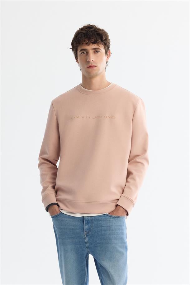 Pembe Bisiklet Yaka Pamuklu Baskılı Elastan Sweatshirt