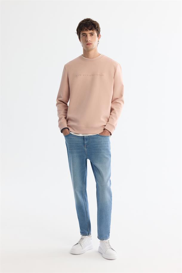 Pembe Bisiklet Yaka Pamuklu Baskılı Elastan Sweatshirt