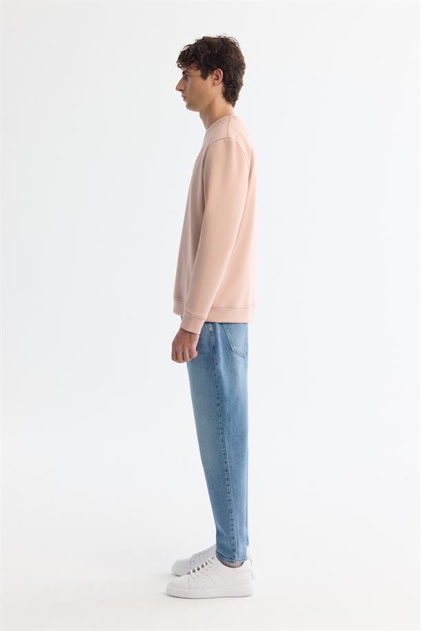 Pembe Bisiklet Yaka Pamuklu Baskılı Elastan Sweatshirt