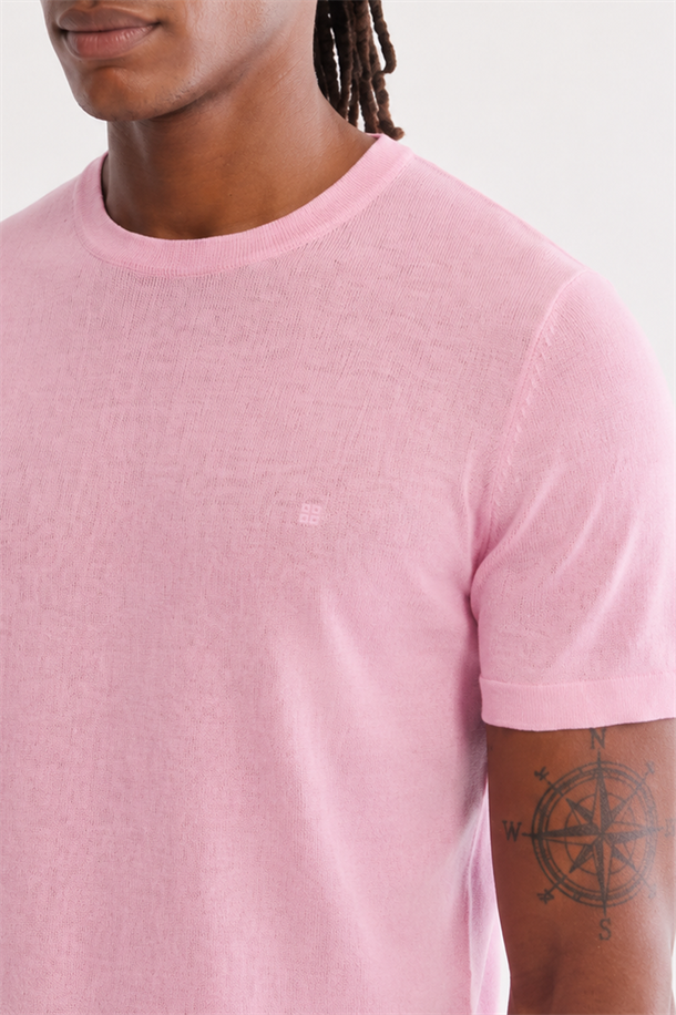 Pembe Bisiklet Yaka Triko T-Shirt 