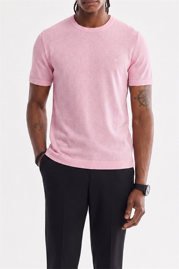 Pembe Bisiklet Yaka Triko T-Shirt 