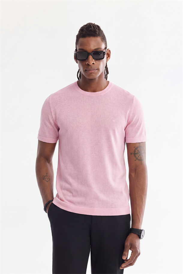 Pembe Bisiklet Yaka Triko T-Shirt 