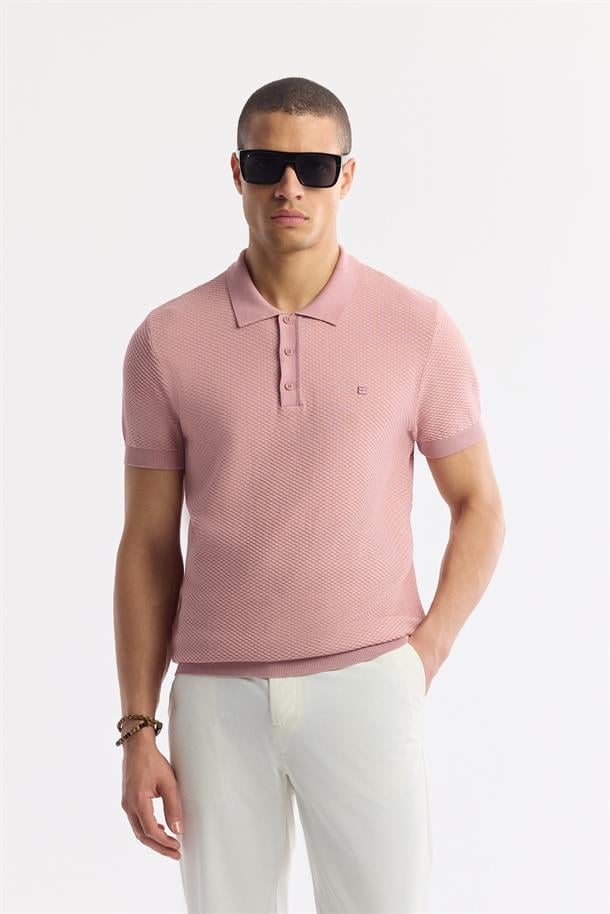 Pembe Polo Yaka Viskon Karışımlı Basic Triko T-Shirt