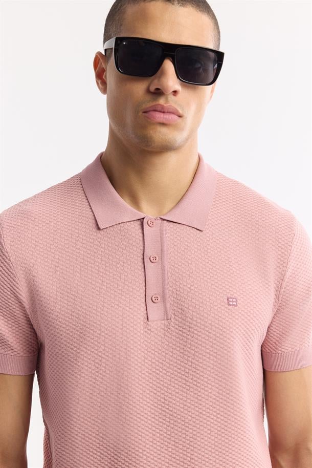 Pembe Polo Yaka Viskon Karışımlı Basic Triko T-Shirt