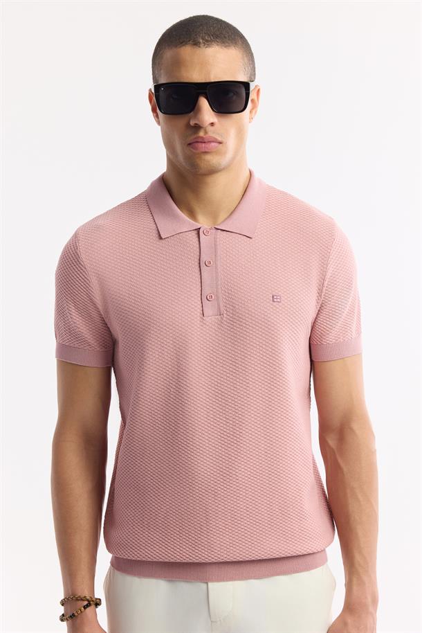 Pembe Polo Yaka Viskon Karışımlı Basic Triko T-Shirt