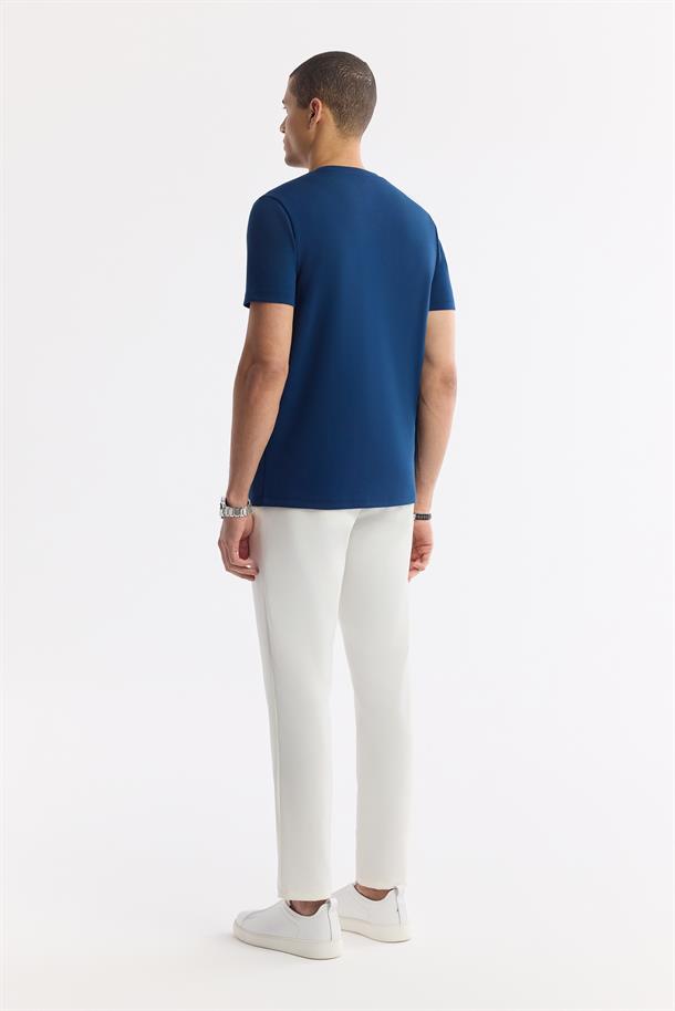 Petrol Mavi Bisiklet Yaka Bi-Stretch İnterlok T-Shirt