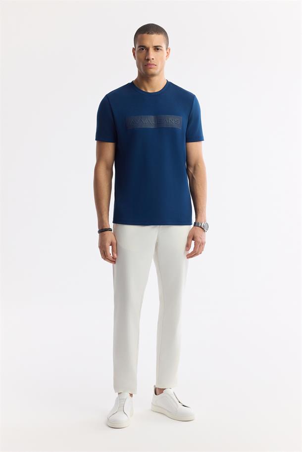 Petrol Mavi Bisiklet Yaka Bi-Stretch İnterlok T-Shirt