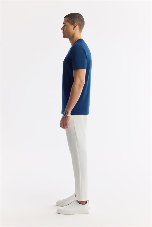 Petrol Mavi Bisiklet Yaka Bi-Stretch İnterlok T-Shirt