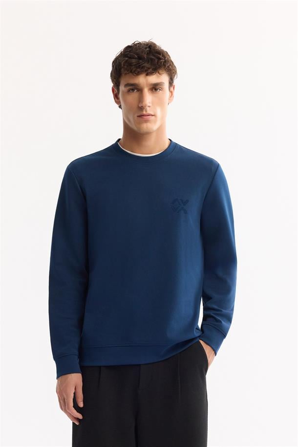 Petrol Mavi Bisiklet Yaka Kolay Ütülenen Bi-Stretch Basic Sweatshirt