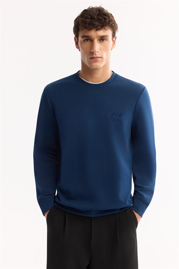 Petrol Mavi Bisiklet Yaka Kolay Ütülenen Bi-Stretch Basic Sweatshirt