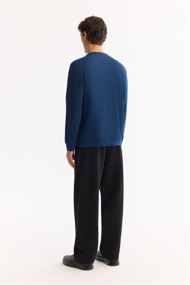 Petrol Mavi Bisiklet Yaka Kolay Ütülenen Bi-Stretch Basic Sweatshirt