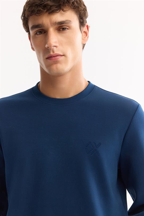 Petrol Mavi Bisiklet Yaka Kolay Ütülenen Bi-Stretch Basic Sweatshirt