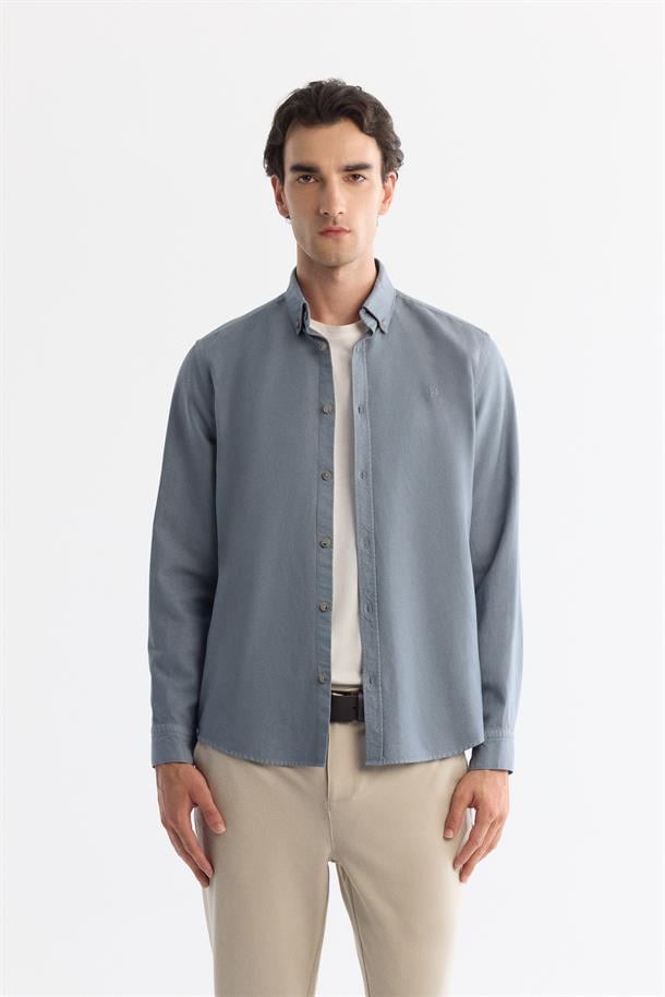 Petrol Mavi Düğmeli Yaka Pamuklu Soft Touch Gömlek