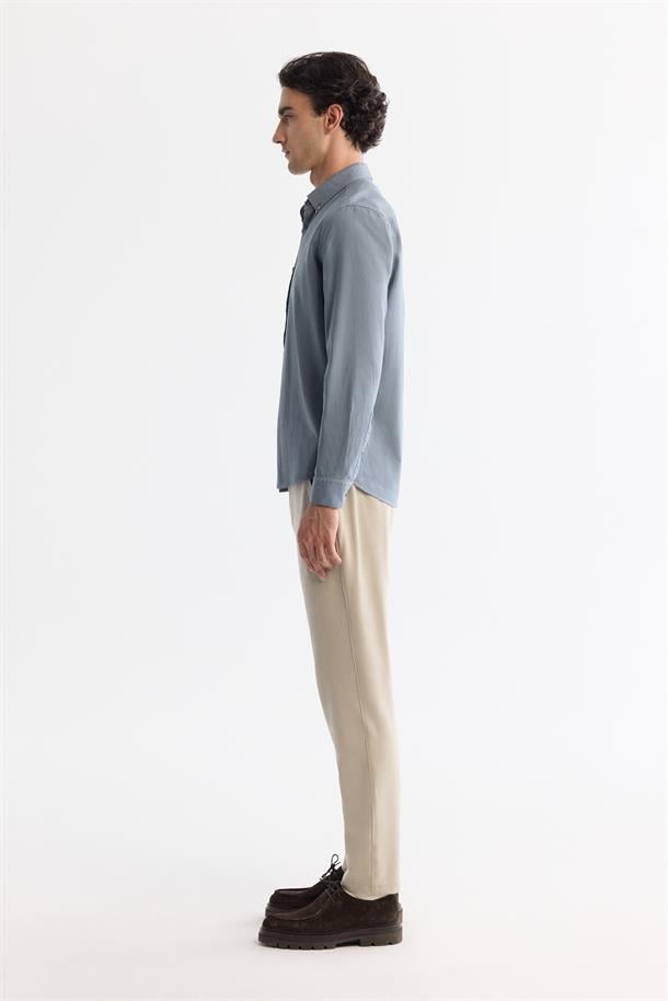 Petrol Mavi Düğmeli Yaka Pamuklu Soft Touch Gömlek